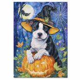 Halloween Pitbull Dog Canvas Wall Art Cute Puppy in Witch Hat and Pumpkin Decor for Dog Lovers on Ready to Hang 1.5" Thick Canvas Wrap, Floating Framed Canvas, Flat Rolled Canvas